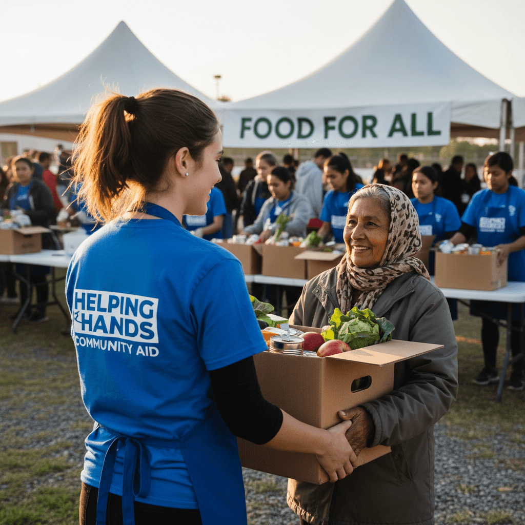 Volunteer handing food box to woman