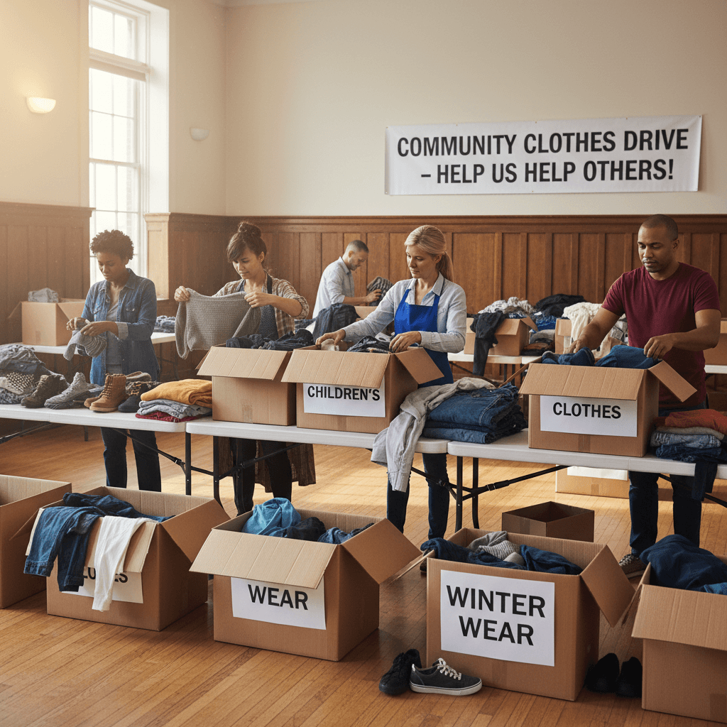 Volunteers sorting donated clothes
