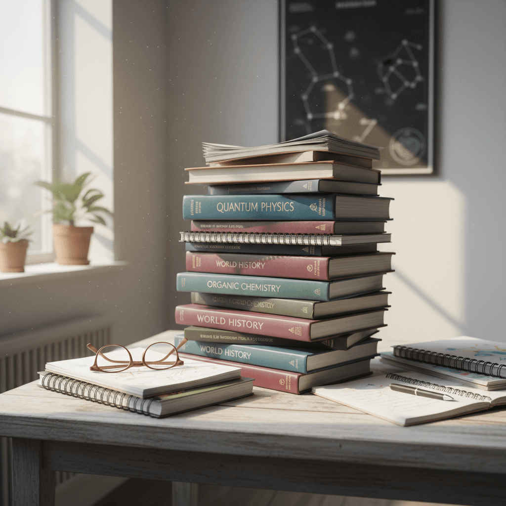 Stack of textbooks and notebooks on a desk