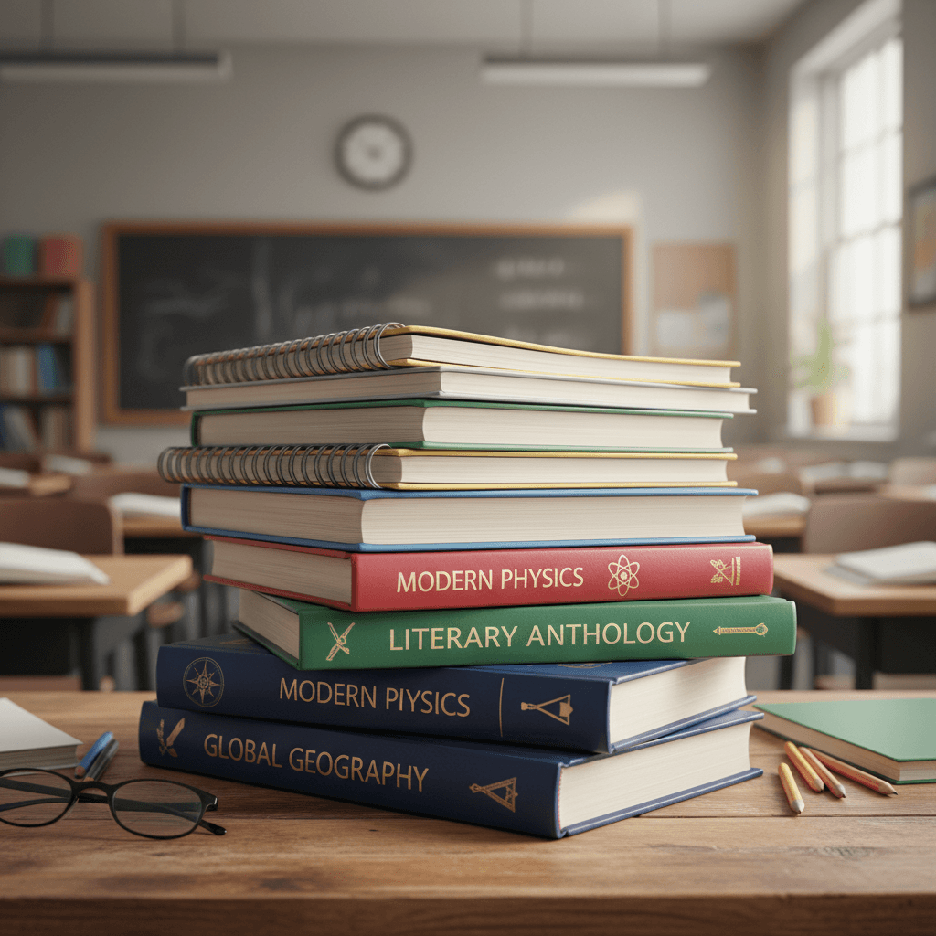 Stack of textbooks and notebooks on desk