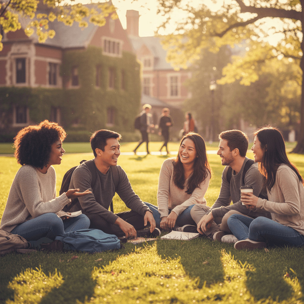 Diverse students talking and smiling together