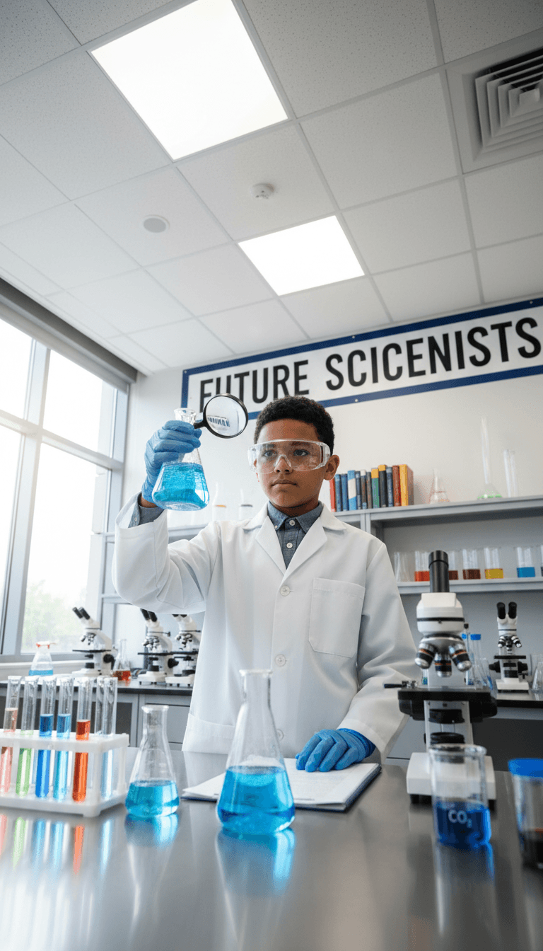 Middle school student in science lab wearing safety goggles and lab coat, confidently examining beaker with scientific equipment in background