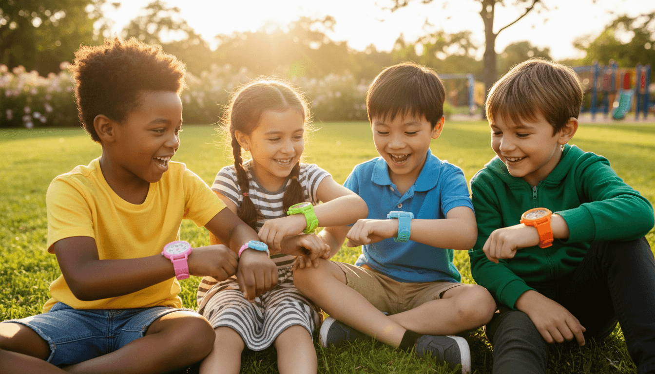 Group of diverse children wearing different colorful watches playing together outdoors in sunny park setting